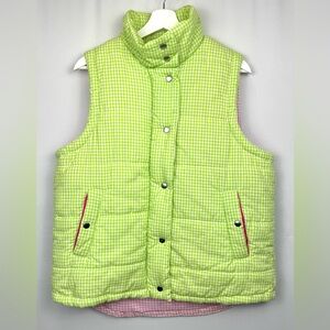 Gretchen Scott Women’s Puffer Vest Lime Green Gingham Cotton Pockets Size XL
